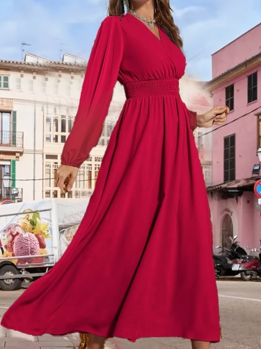 Solid Shirred Waist Surplice Neck Dress, Elegant Long Sleeve Midi Dress, Women's Clothing