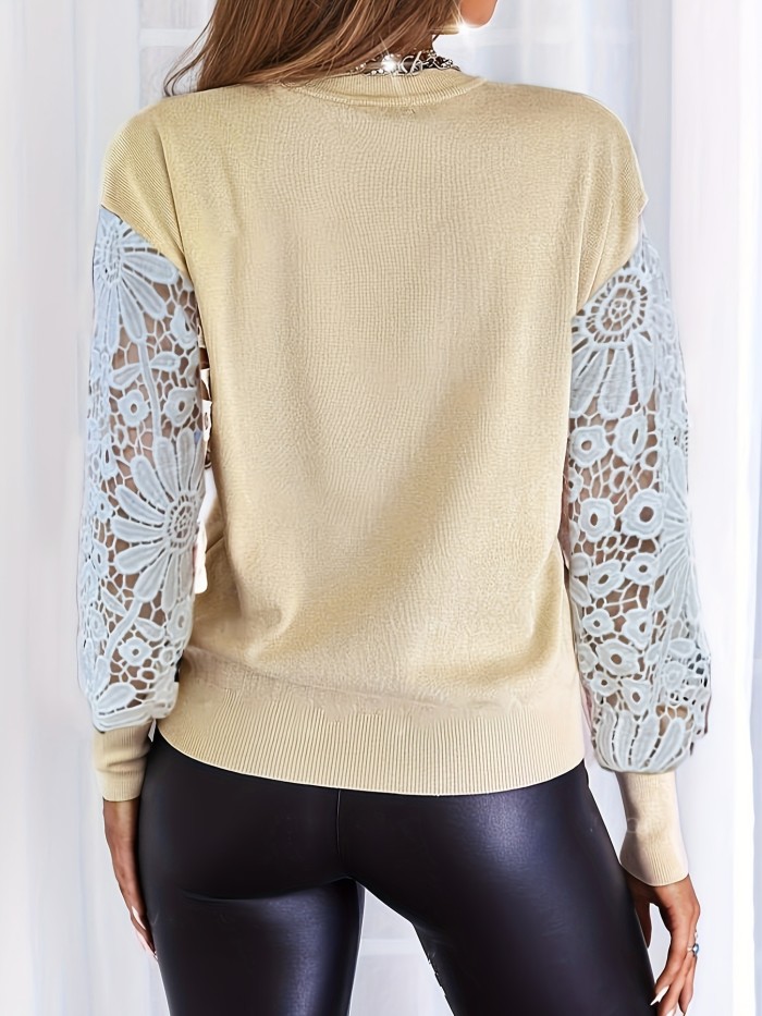 Contrast Lace Crew Neck T-shirt, Elegant Long Sleeve Top For Spring & Fall, Women's Clothing