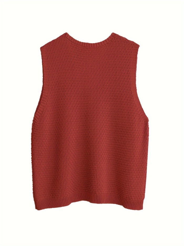 Solid V Neck Knitted Vest, Casual Sleeveless Loose Sweater, Women's Clothing