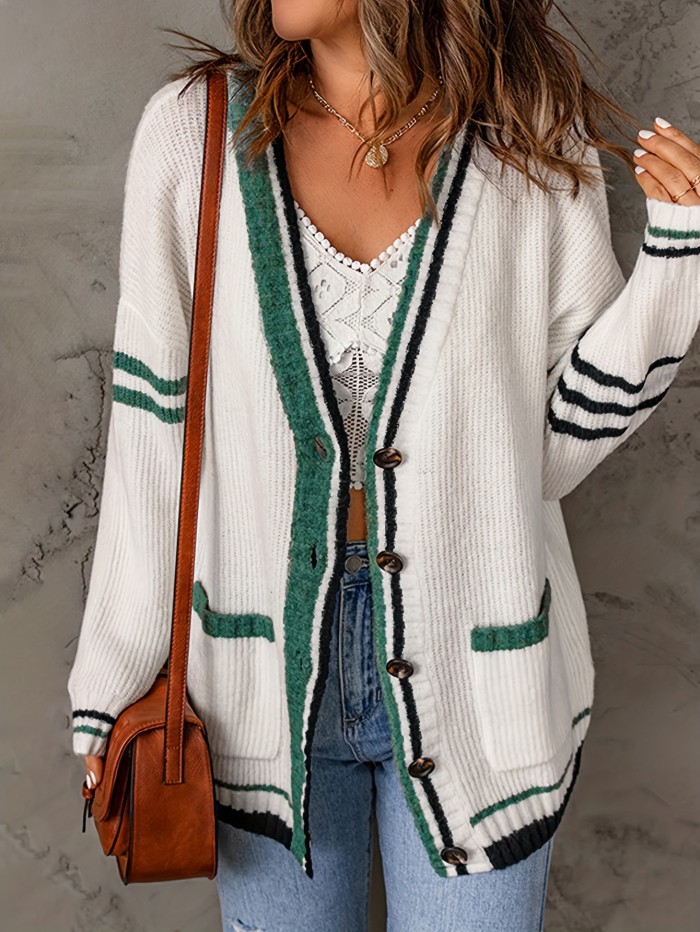 Striped Button Down Knit Cardigan, Casual Long Sleeve Sweater With Pocket, Women's Clothing