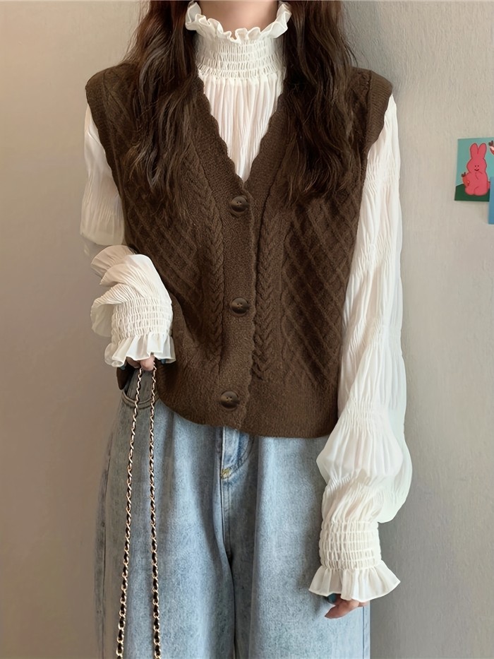 Cable Knit Button Sweater Vest, Casual Sleeveless V Neck Scallop Trim Sweater, Women's Clothing