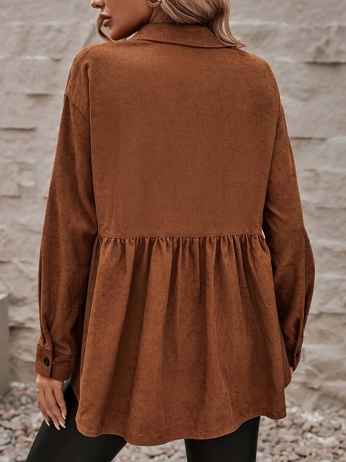 Ruffle Trim Single Breasted Shirt, Elegant Long Sleeve Flap Pockets Shirt For Spring & Fall, Women's Clothing