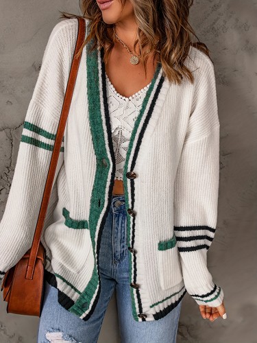 Striped Button Down Knit Cardigan, Casual Long Sleeve Sweater With Pocket, Women's Clothing