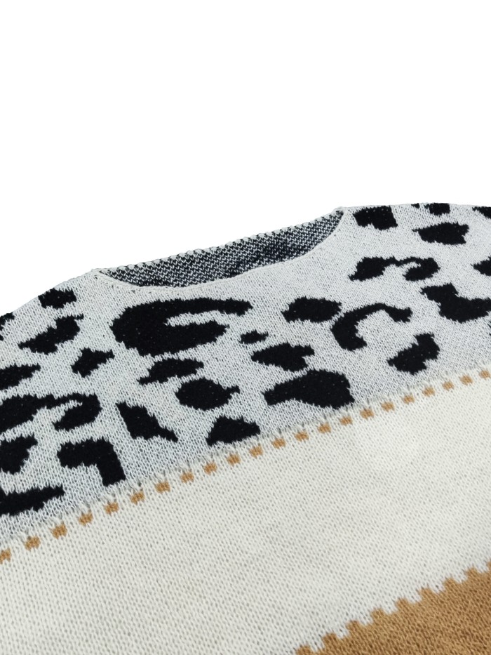 Plus Size Casual Sweater, Women's Plus Colorblock Leopard Print Long Sleeve Round Neck Jumper