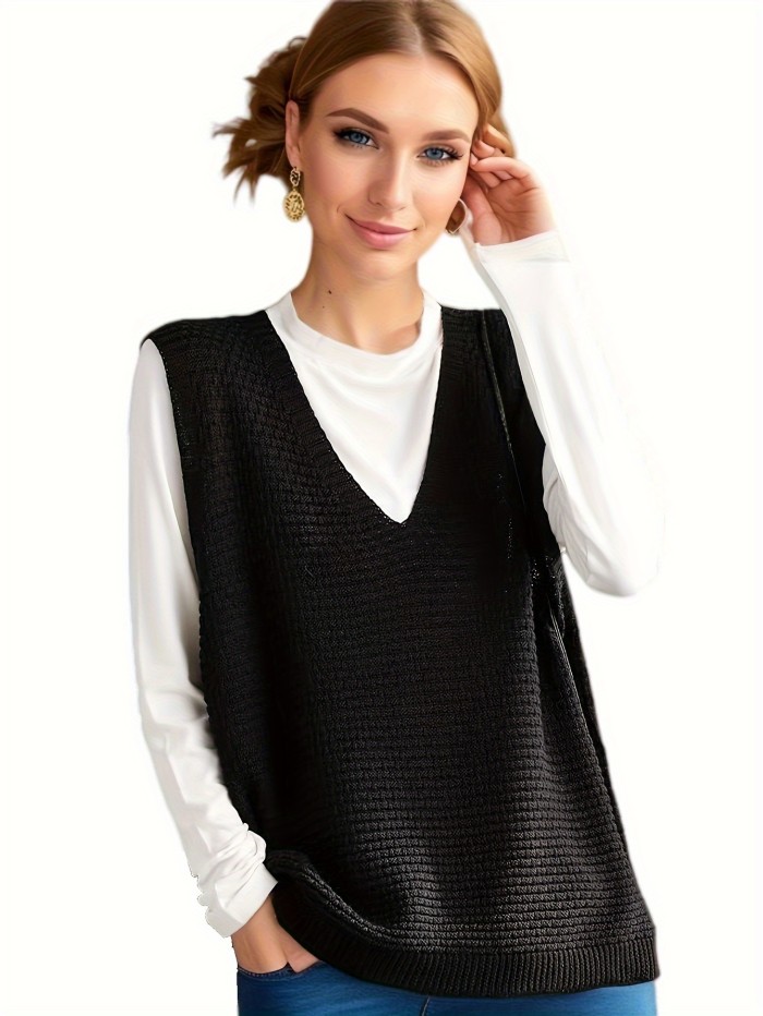Solid V Neck Knitted Vest, Casual Sleeveless Loose Sweater, Women's Clothing