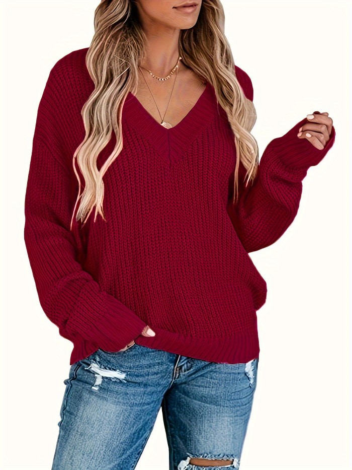 Solid V Neck Pullover Sweater, Casual Long Sleeve Loose Sweater, Women's Clothing