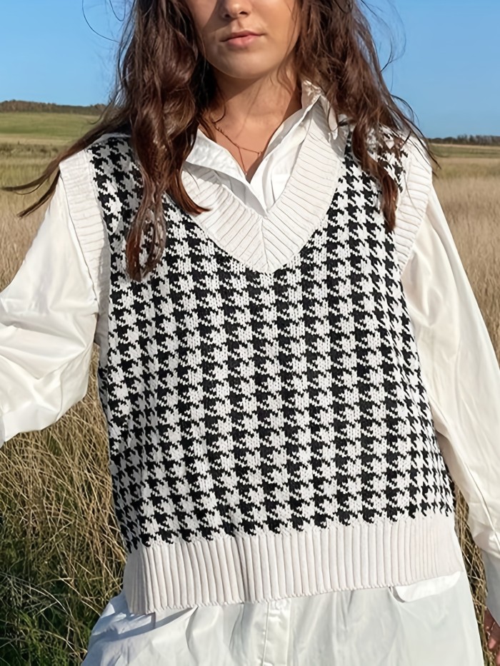 Houndstooth Pattern V Neck Vest, Casual Sleeveless Sweater For Spring & Fall, Women's Clothing