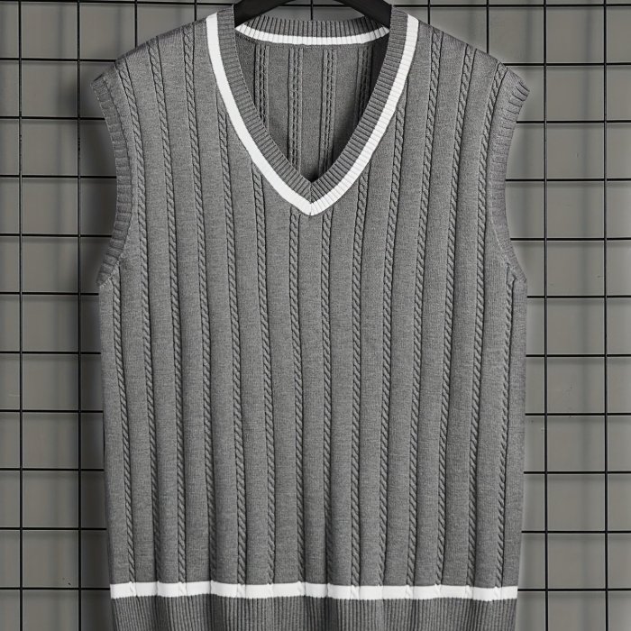 Loose Fit High Stretch Knitted Sweater Vest, Men's Casual Vintage Style V Neck Pullover Cardigan Vest For Fall Winter