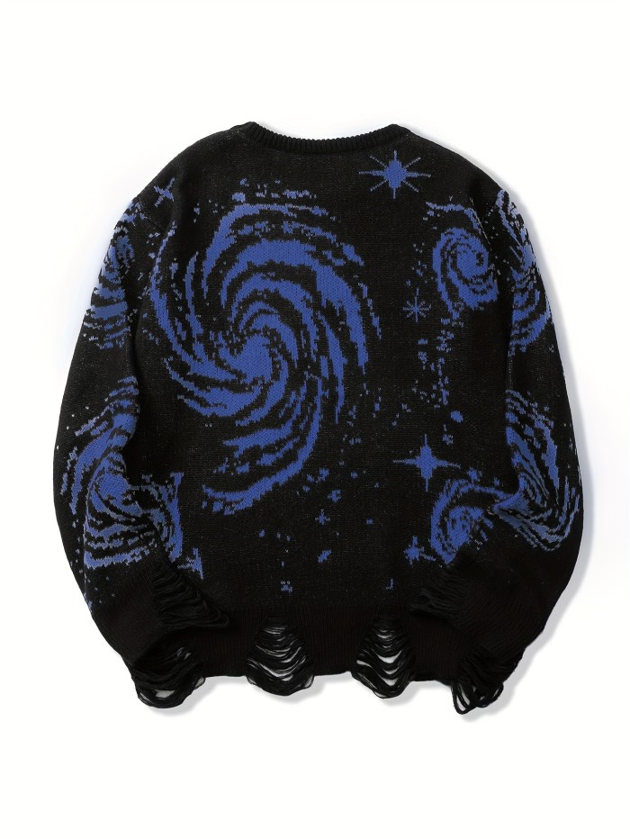 All Match Knitted Galaxy Pattern Sweater, Men's Casual Warm Slightly Stretch Crew Neck Pullover Sweater For Fall Winter