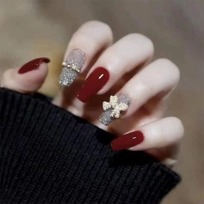 Press On Nails Coffin Glossy Wine Red False Nails Ballerina Full Cover Glittering Butterfly Rhinestones Fake Nail Tips Acrylic Nail Art DIY Stick On Nails For Women Girls