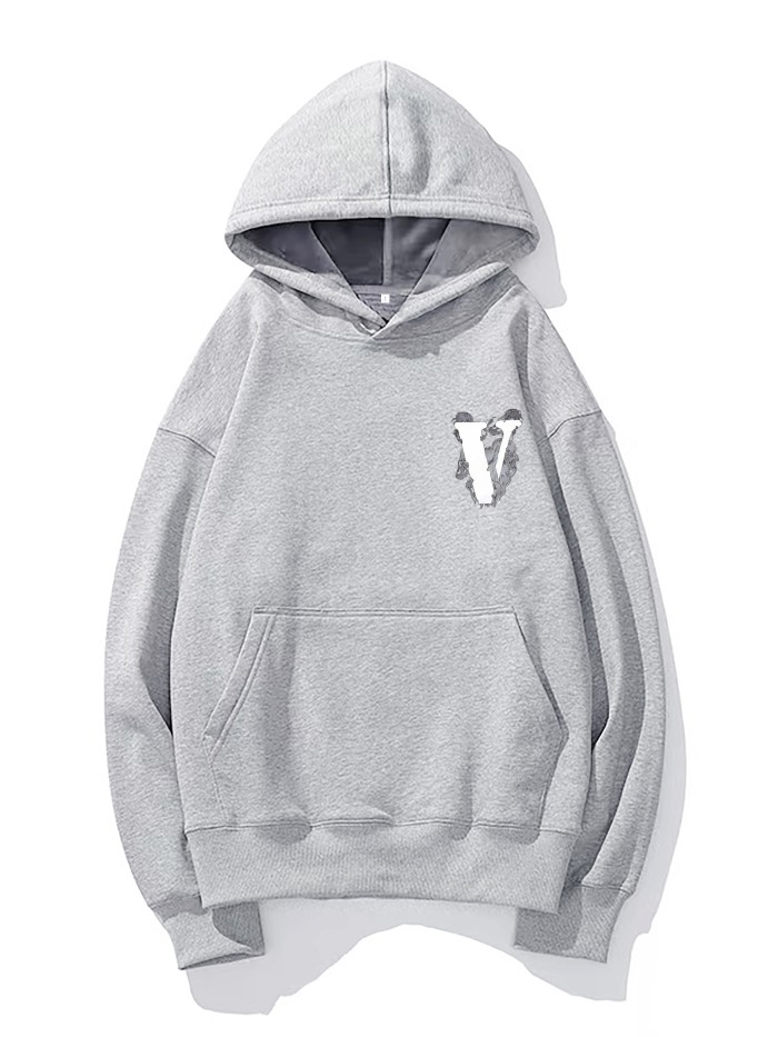 Letter V Print Hoodie, Hoodies For Men, Men's Casual Graphic Design Pullover Hooded Sweatshirt With Kangaroo Pocket For Spring Fall, As Gifts
