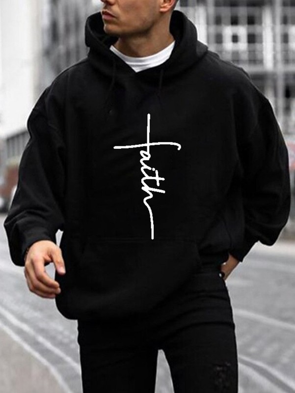 Faith Print Hoodie, Cool Hoodies For Men, Men's Casual Graphic Design Pullover Hooded Sweatshirt With Kangaroo Pocket Streetwear For Winter Fall, As Gifts Teenager Student