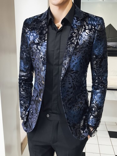 Men's Fashion Floral Pattern Blazer, Casual Slightly Stretch Button Up V Neck Button Up Blazer For Outdoor Party Spring Fall