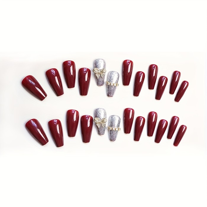 Press On Nails Coffin Glossy Wine Red False Nails Ballerina Full Cover Glittering Butterfly Rhinestones Fake Nail Tips Acrylic Nail Art DIY Stick On Nails For Women Girls