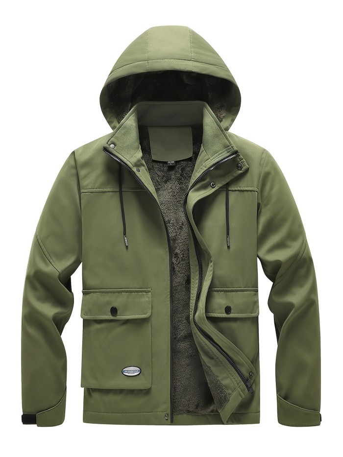 Men's Casual Warm Fleece Jacket With Flap Pocket, Hooded Windbreaker Jacket For Outdoor Activities
