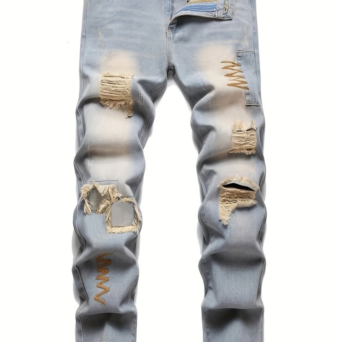 Men Chevron Embroidered Ripped Slim Straight Jeans