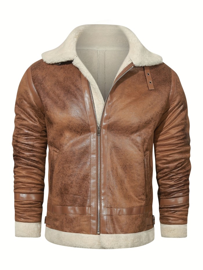 Men's Vintage Casual Leather Jacket, Classic Long Sleeve Zipper Thermal Fleece Jacket For Winter