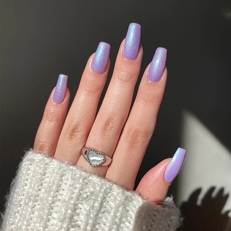 Y2K Pearlescent Glazed Purple Acrylic Nails - Medium Coffin False Nails for Women and Girls - Fashion Ballerina Fake Nails - Press On Nails - Stylish Accessory