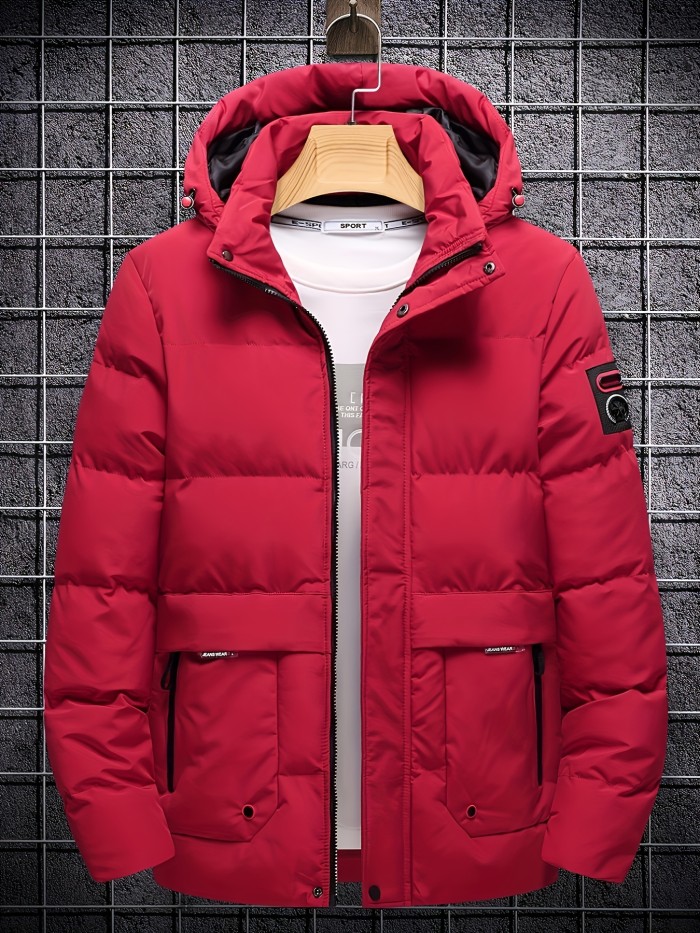 Men's Warm Hooded Zipper Pockets Cotton Padded Coat For Fall Winter