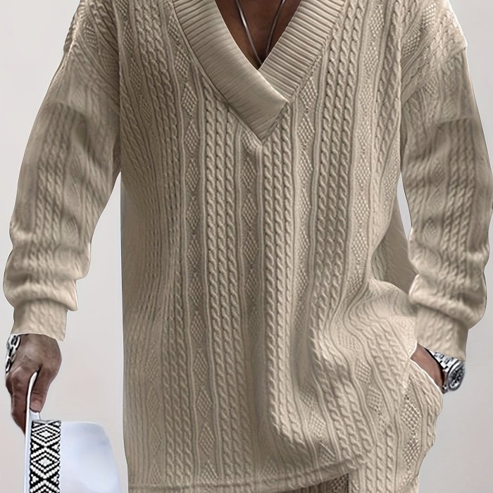 Cotton Blend Loose All Match Knitted Cable Sweater, Men's Casual Warm Slightly Stretch V Neck Pullover Sweater For Men Fall Winter