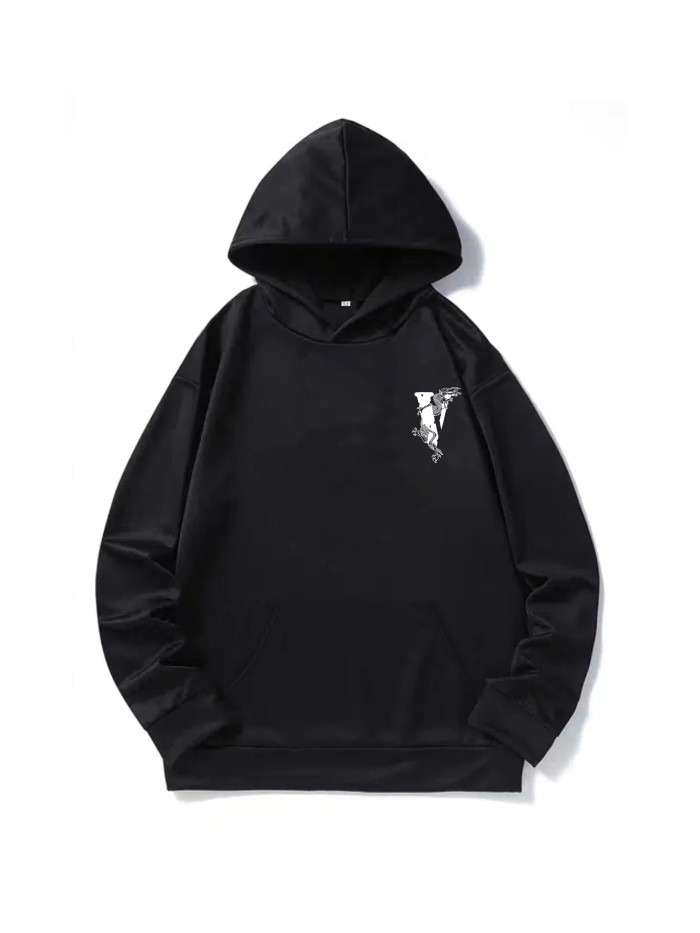 Letter V Print Hoodie, Hoodies For Men, Men's Casual Graphic Design Pullover Hooded Sweatshirt With Kangaroo Pocket For Spring Fall, As Gifts