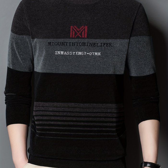 All Match Knitted Color Block Sweater, Men's Casual Warm High Stretch Crew Neck Pullover Sweater For Men Fall Winter