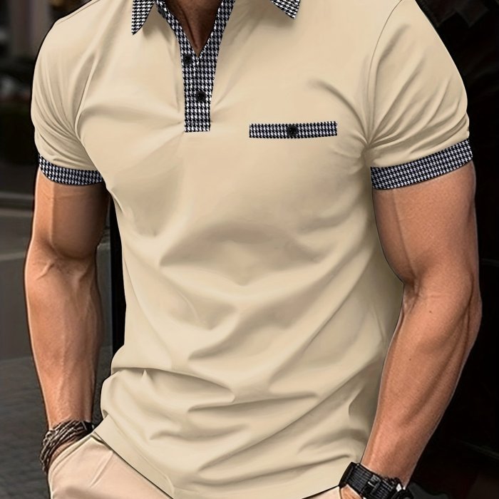 Houndstooth Casual Slightly Stretch Button Up Short Sleeve Shirt, Men's Shirt For Summer