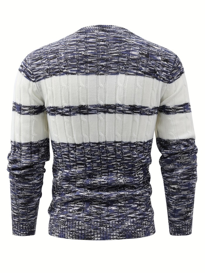 All Match Knitted Color Block Sweater, Men's Casual Warm Mid Stretch Round Neck Pullover Sweater For Fall Winter