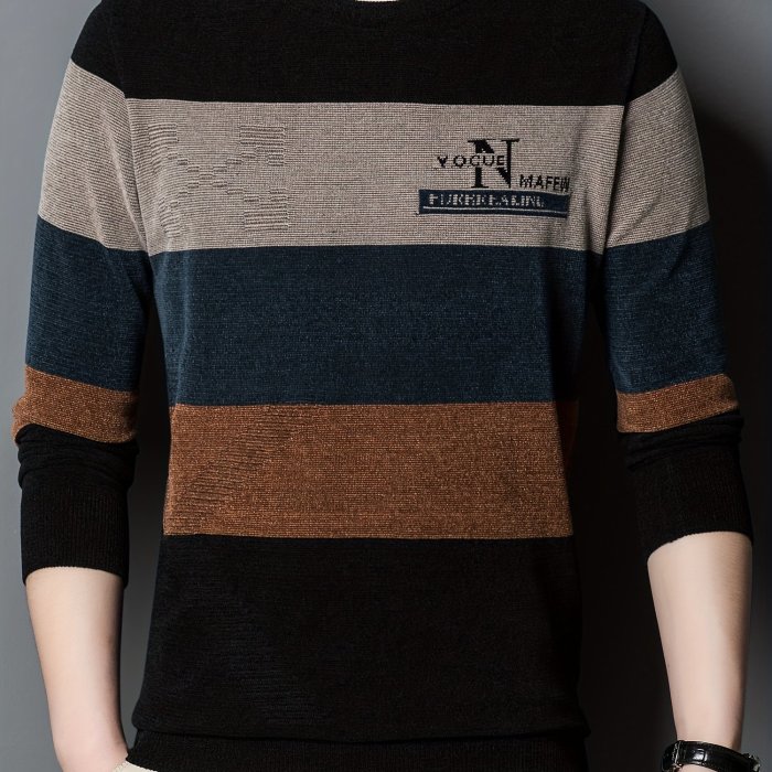 All Match Knitted Color Block Sweater, Men's Casual Warm High Stretch Crew Neck Pullover Sweater For Men Fall Winter