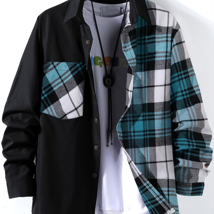 Stylish Collage Chest Pocket Plaid Pattern Casual Long Sleeve Button Up Shirt, Men's Clothes For Spring Summer Fall Outdoor