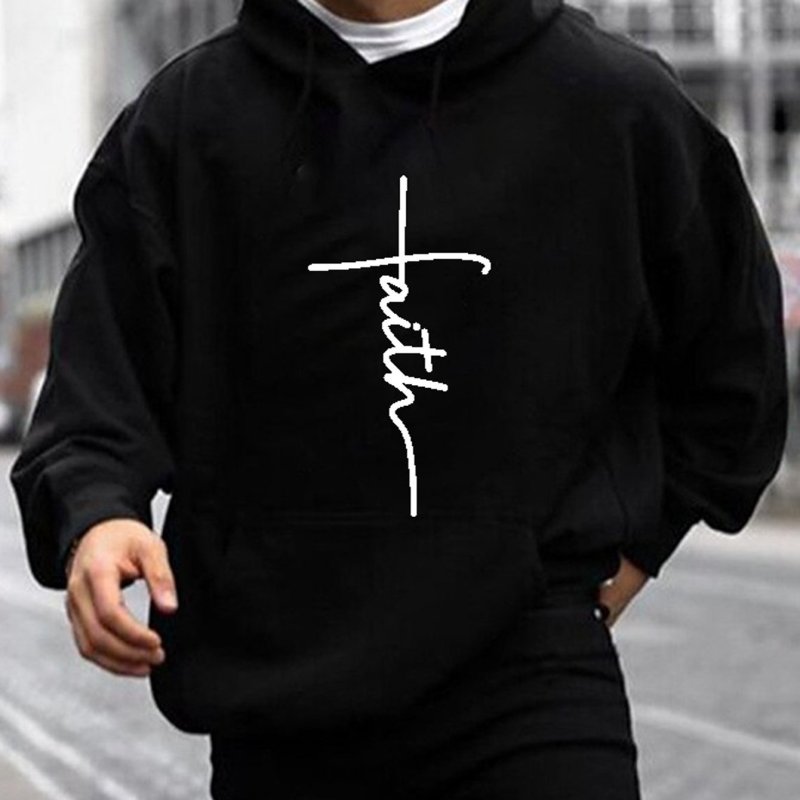 Faith Print Hoodie, Cool Hoodies For Men, Men's Casual Graphic Design Pullover Hooded Sweatshirt With Kangaroo Pocket Streetwear For Winter Fall, As Gifts Teenager Student