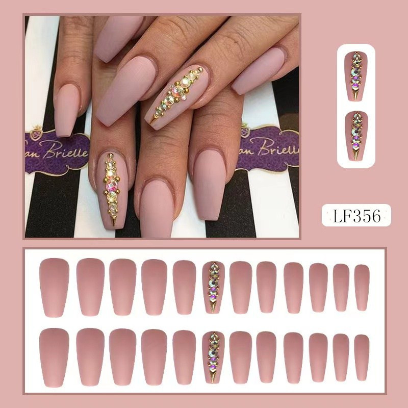 Press On Nails Medium Coffin Nude Acrylic Fake Nails Tips Full Cover Rhinestones False Nails For Women And Girls