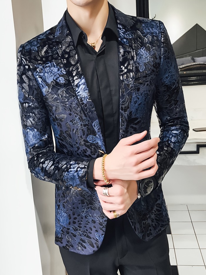 Men's Fashion Floral Pattern Blazer, Casual Slightly Stretch Button Up V Neck Button Up Blazer For Outdoor Party Spring Fall