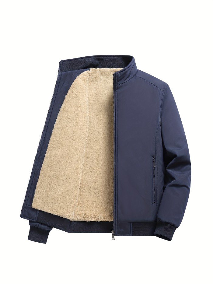Warm Stand Collar Fleece Jacket, Men's Casual Comfortable Solid Color Zip Up Coat \u002F Outwear For Fall Winter