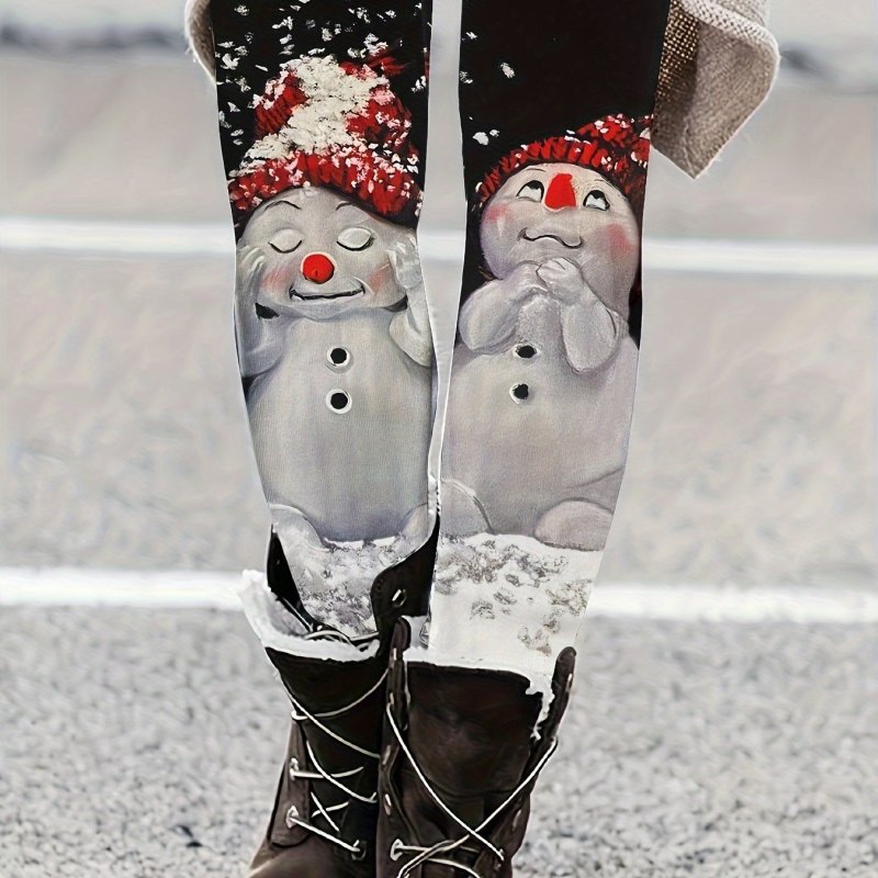 Snowman Print High Waist Leggings, Boho Skinny Leggings For Winter, Women's Clothing