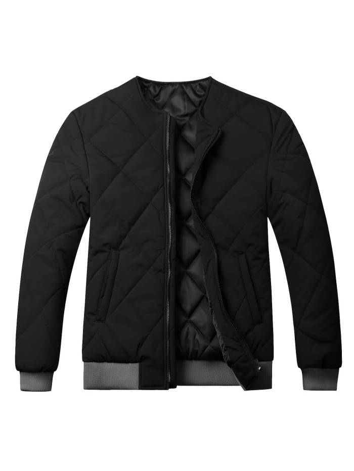 Men's Casual Warm Padded Coat, Crew Neck Warm Thick Bomber Jacket For Fall Winter