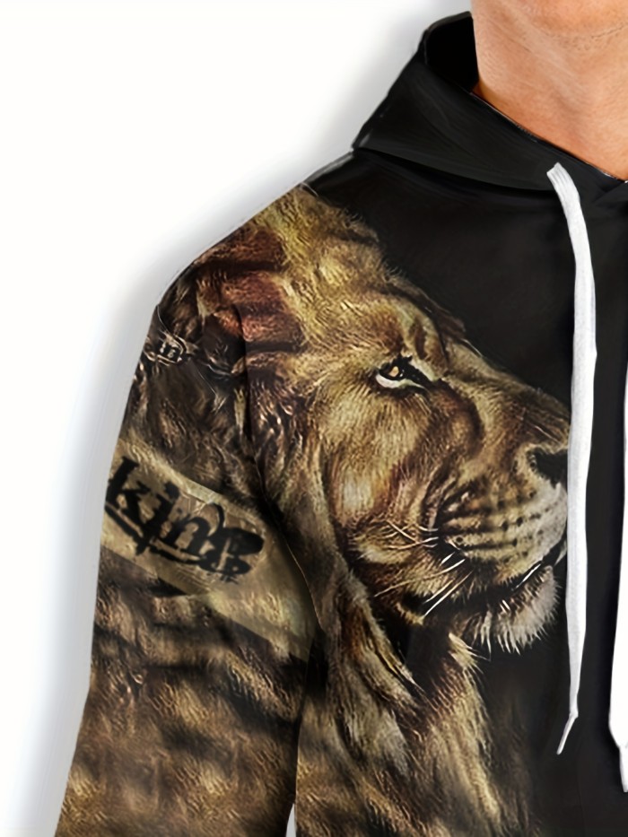 Hoodies For Men, Lion Print Hoodie, Men's Casual Pullover Hooded Sweatshirt With Kangaroo Pocket For Spring Fall, As Gifts