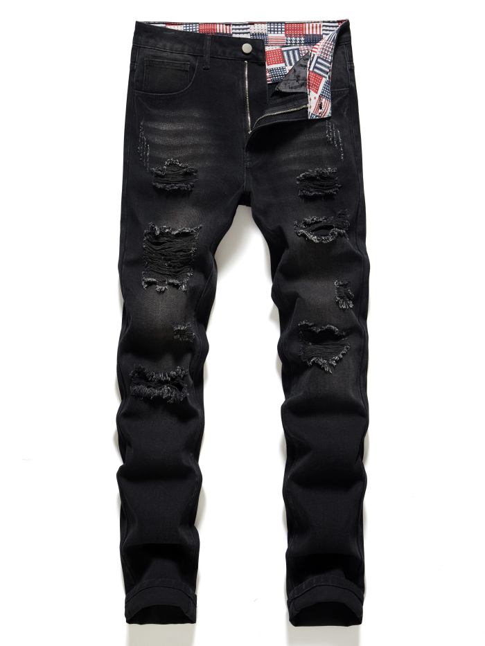 Regular Fit Ripped Jeans, Men's Casual Street Style Distressed Denim Pants For All Seasons