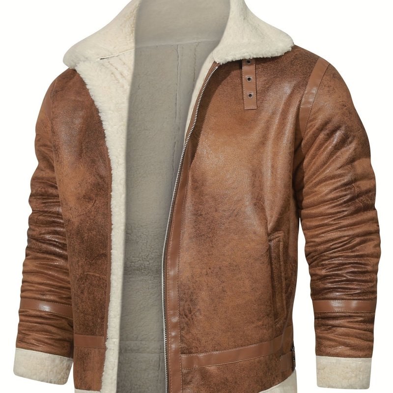 Men's Vintage Casual Leather Jacket, Classic Long Sleeve Zipper Thermal Fleece Jacket For Winter