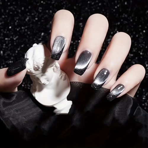 24pcs New French Fake Nails, Black Cat Eye Press On Nails, Reflective Glitter Glue On Nails, Glossy Full Cover Medium Square False Nails For Women Girls And Bridals
