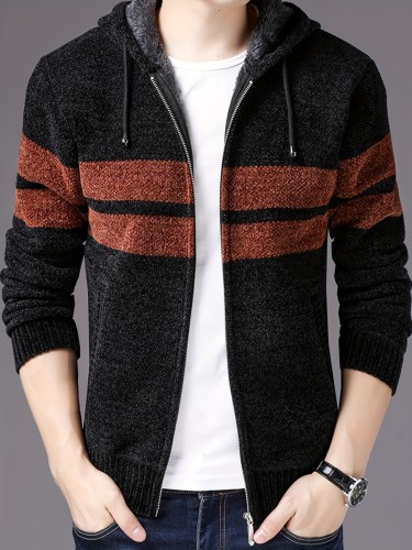 Men's Cardigan Sweater Stripe Pattern Drawstring Hooded Teddy Lined Full Zip Up Cardigan For Fall, Winter, Casual