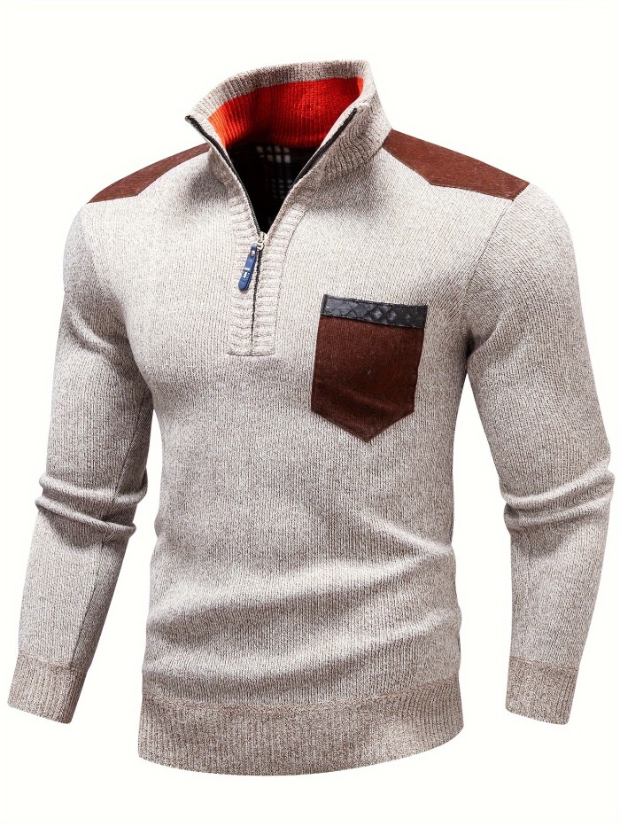 Men's Spring New Casual Long-sleeved Turtleneck With Zipper Knitted Pullover Sweater Warm Pocket Stitching Pullover Sweater For Autumn And Winter