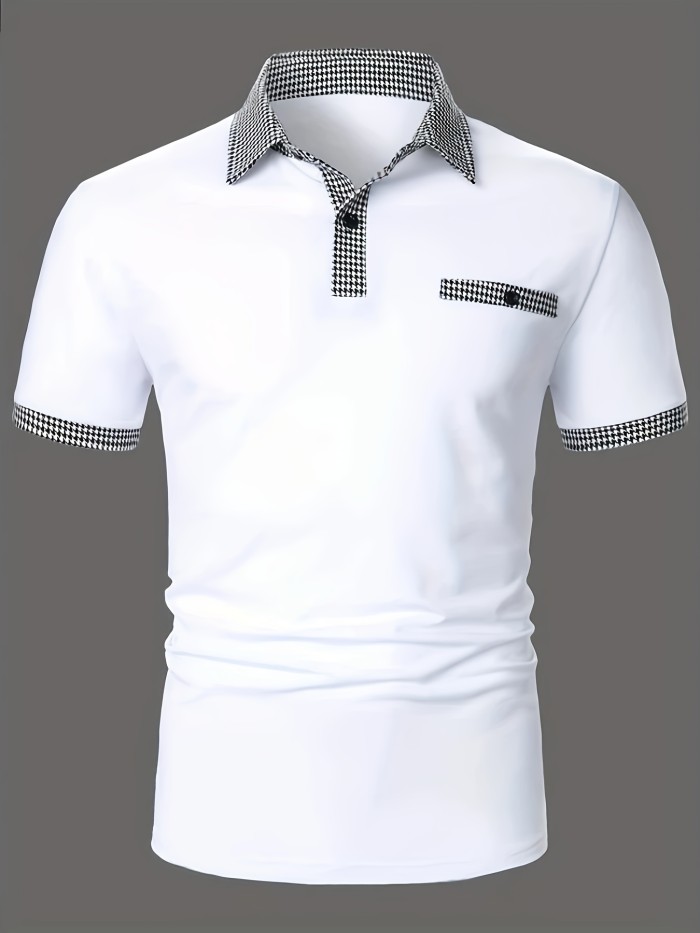Houndstooth Casual Slightly Stretch Button Up Short Sleeve Shirt, Men's Shirt For Summer