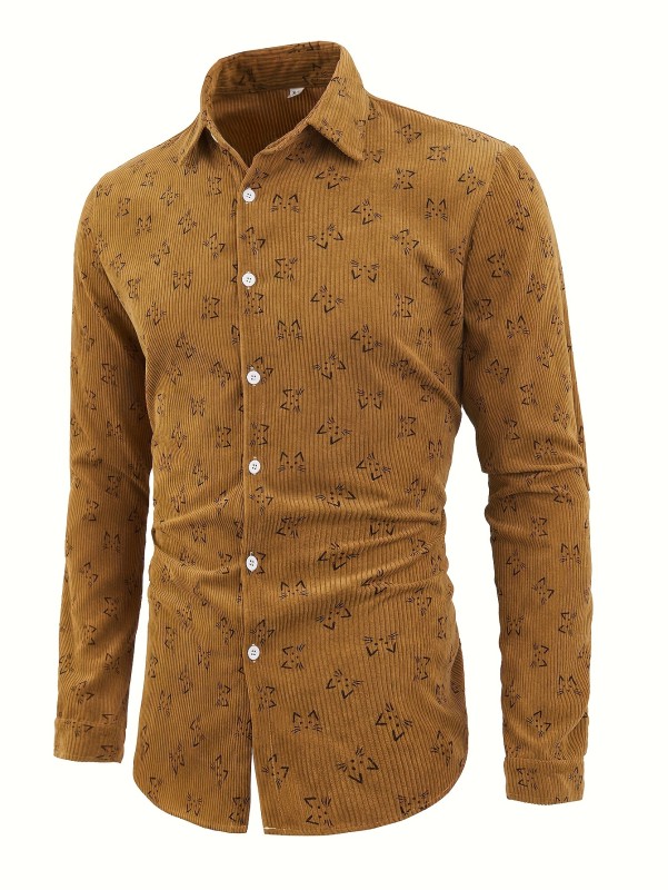 Cat Pattern, Men's Corduroy Turndown Collar Trendy Comfy Long Sleeve Shirt For Autumn, Mens Clothing