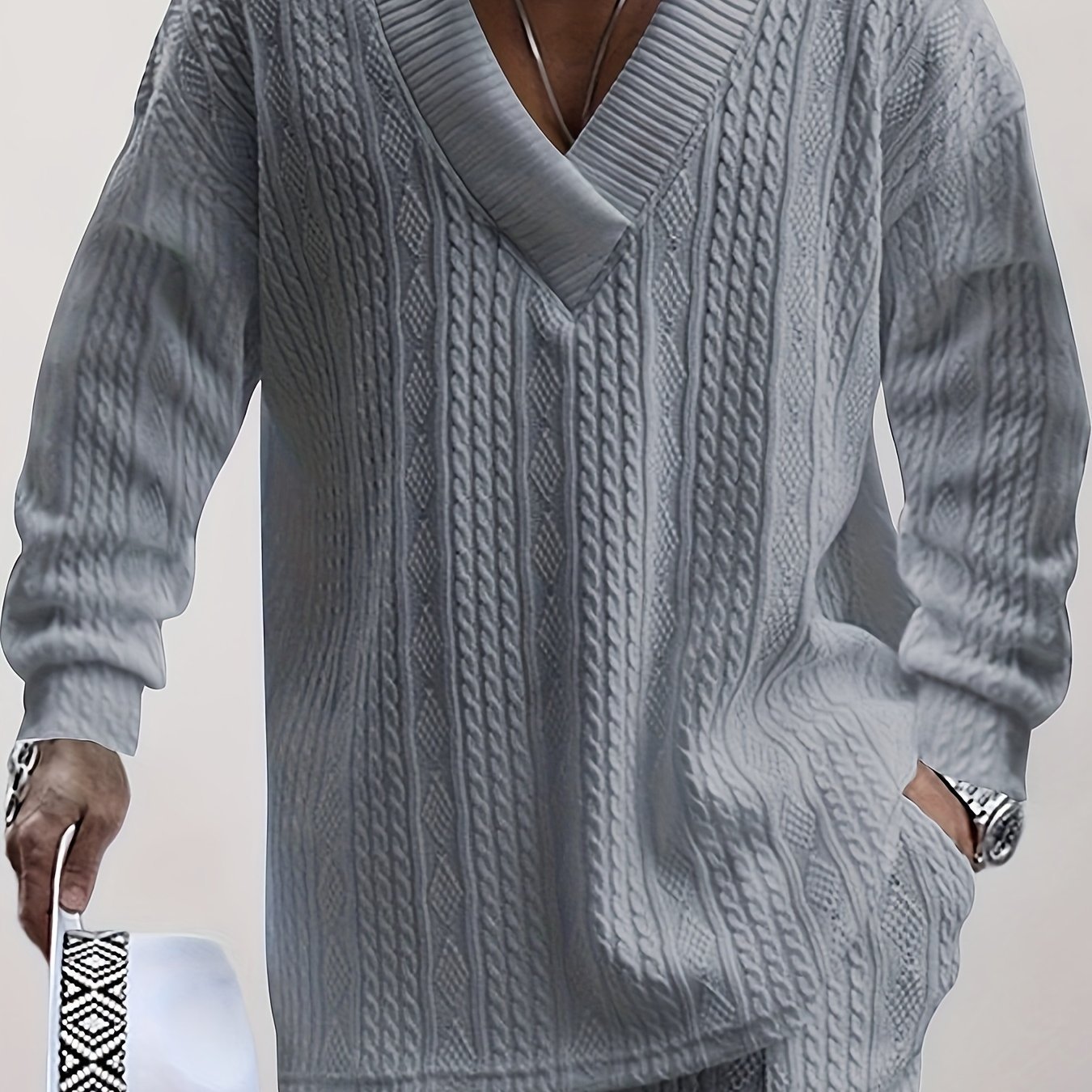 Riolio All Match Knitted Cable Sweater, Men's Casual Warm Slightly Stretch Pullover Sweater For Men Fall Winter