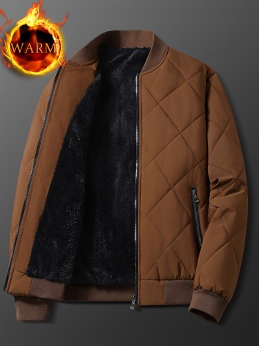 Solid Color Sherpa Lined Varsity Jacket, Men's Casual Fleece Lined Baseball Jacket Coat Regular Fit College Hipster Windbreaker For Winter Autumn