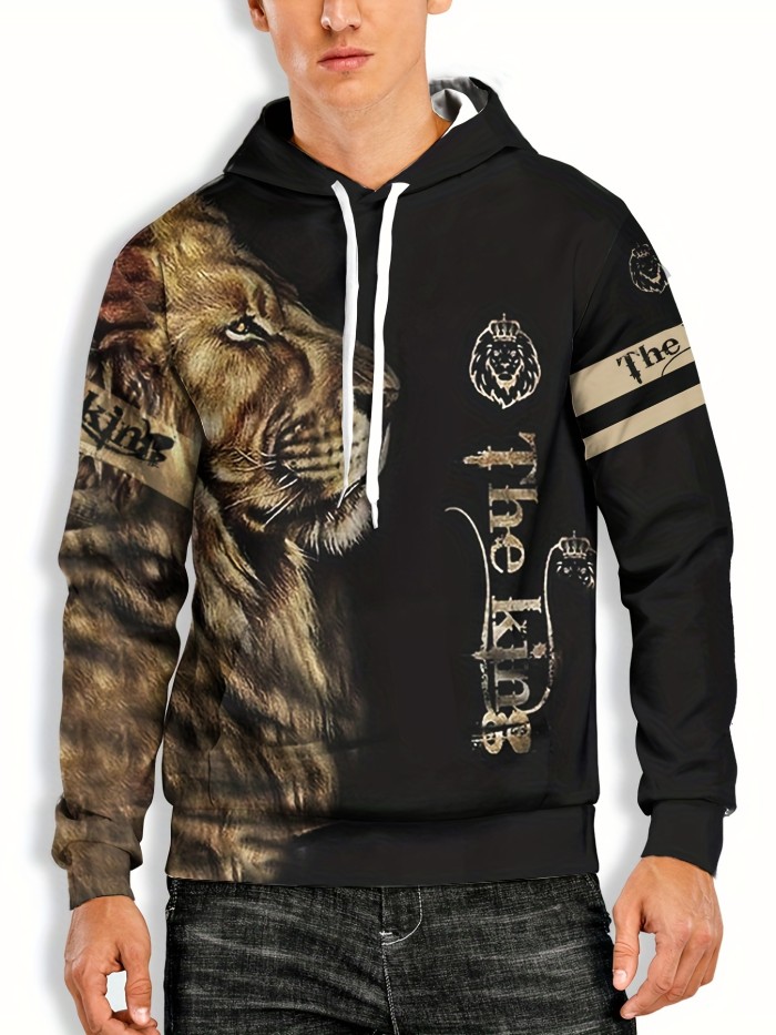 Hoodies For Men, Lion Print Hoodie, Men's Casual Pullover Hooded Sweatshirt With Kangaroo Pocket For Spring Fall, As Gifts