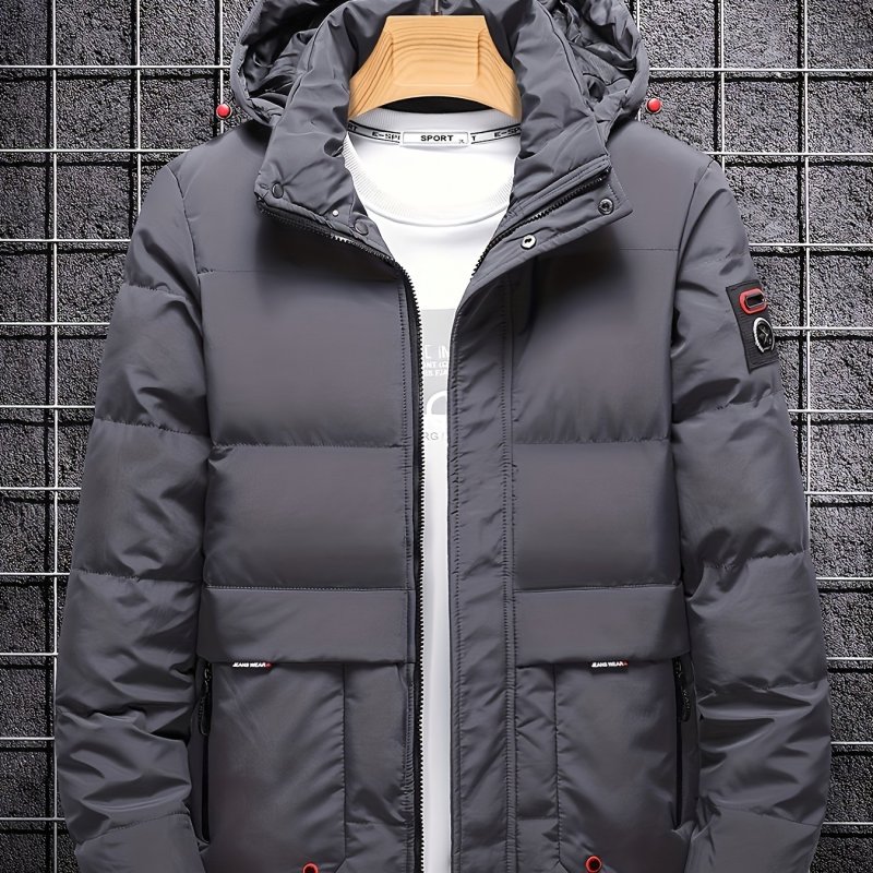 Men's Warm Hooded Zipper Pockets Cotton Padded Coat For Fall Winter