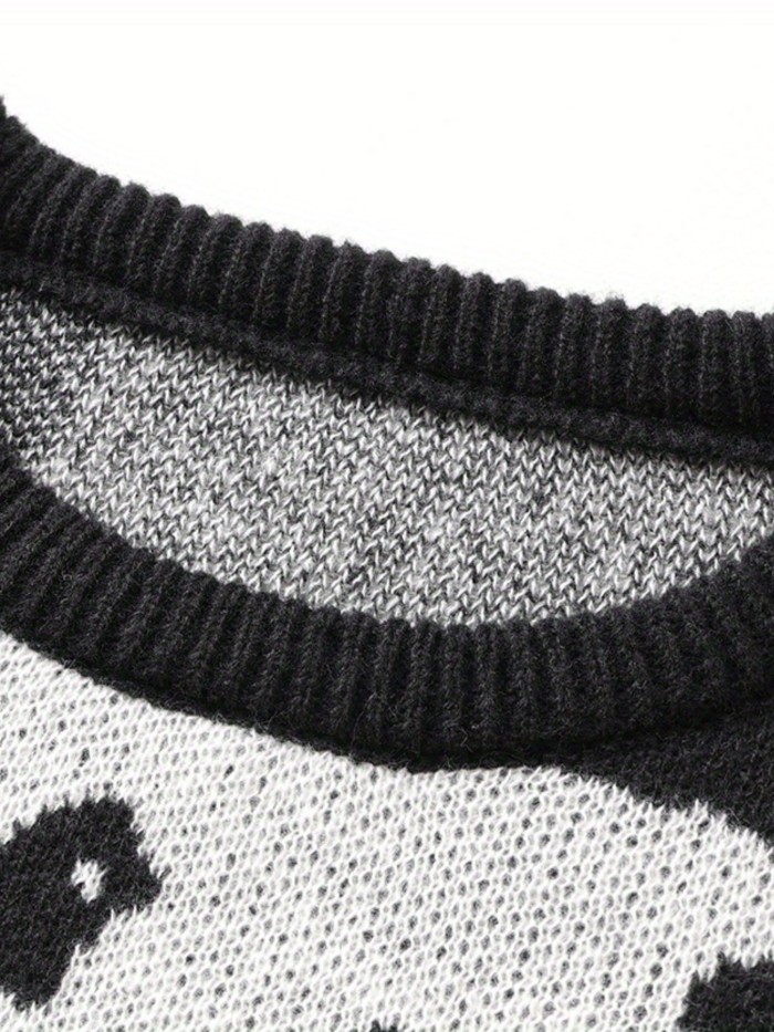 All Match Knitted Sweater, Men's Casual Cartoon Panda Pattern Warm Slightly Stretch Crew Neck Pullover Sweater For Men Fall Winter