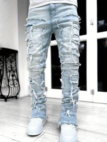Creative Tassels Decoration Straight Fit Jeans, Men's Casual Medium Stretch Street Style Denim Pants For All Seasons